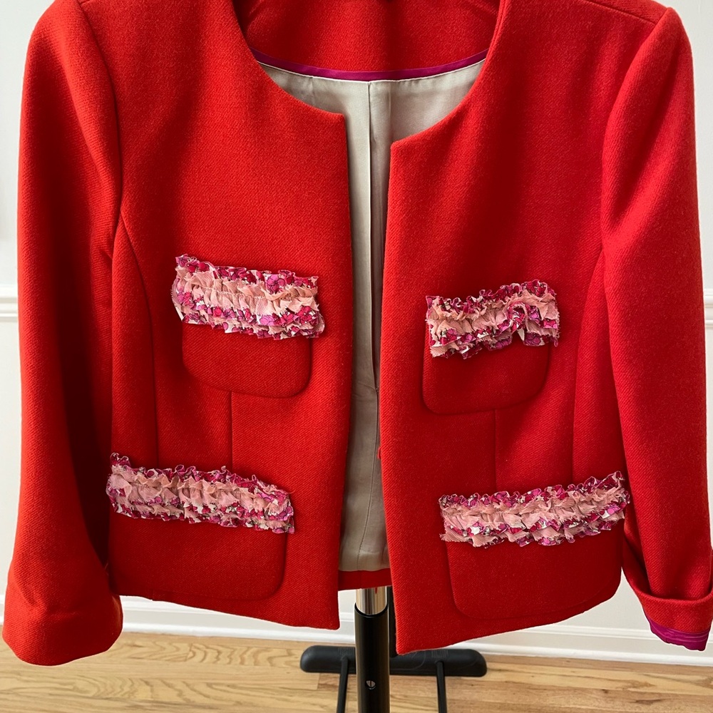 JCrew red jacket with pink ruffle trim. Lined, size 4